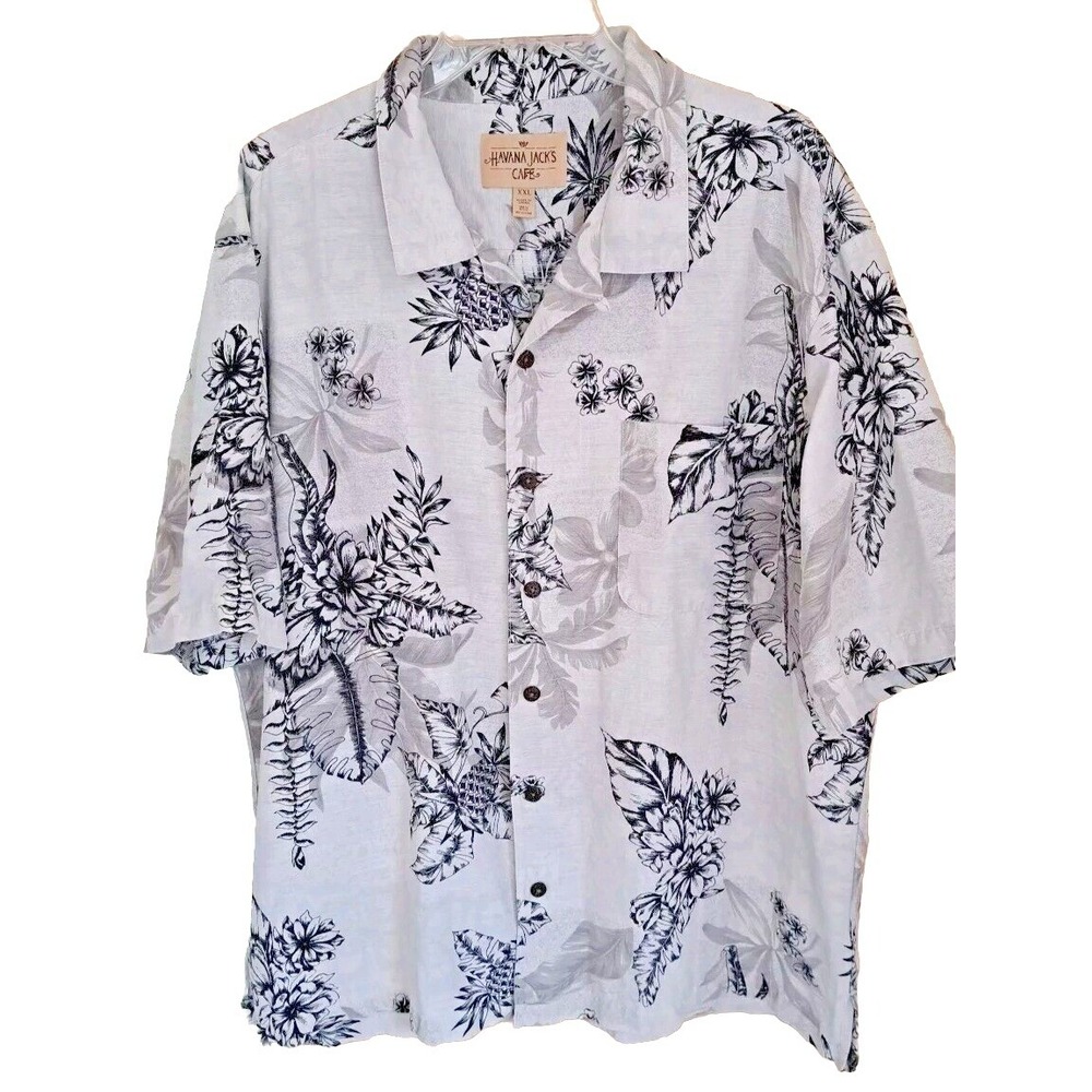 Havana Jack Cafe Shirt Men's Sz. XXL 100%Silk All Over Tropical Print Button Up‎